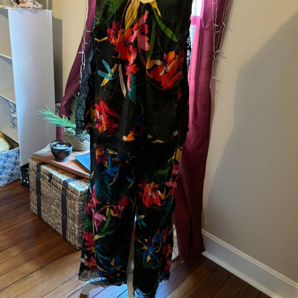 Cacique Women's Floral Jumpsuit Black Pink Size 14/16 Two-Piece Multicolor